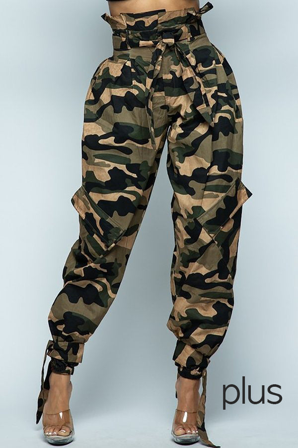 HIGH WAISTED CAMO PANTS W/ WAIST TIE AND ANKLE TIES  NICE FIT PLUS SIZE