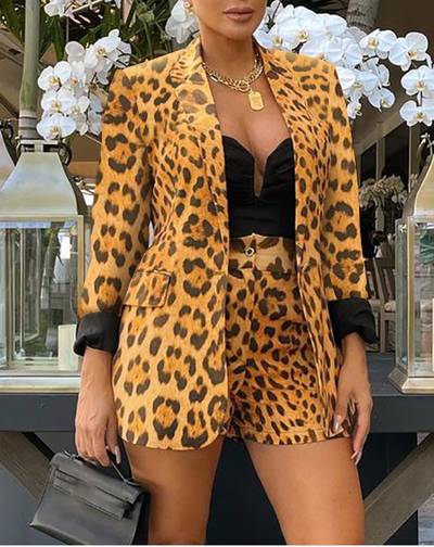 NEW Cheetah Print Button Blazer Coat Shorts Set